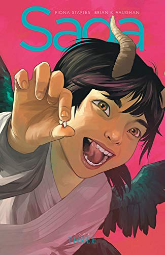 “Saga Book Three” cover: young girl with horns and outstretched hand.