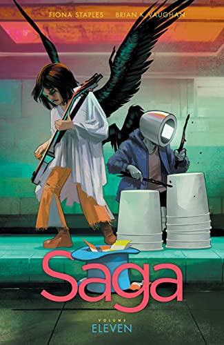 A winged girl plays guitar while a robot-headed figure drums on buckets.