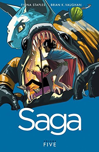 Two characters are inside the open mouth of a large creature on a blue background.