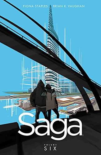 Two figures stand on a bridge overlooking a futuristic city under a blue sky.