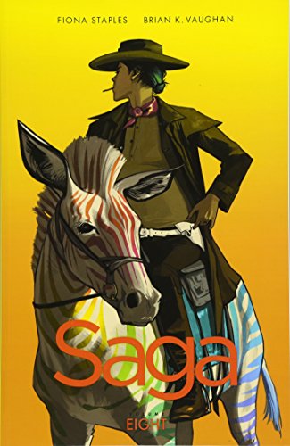 A person in a hat and duster rides a zebra against a yellow background.