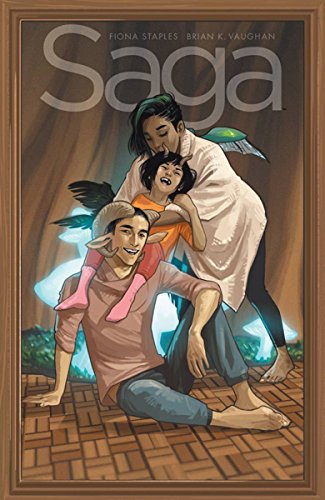 A family with horns and wings sits together in a framed comic book cover.