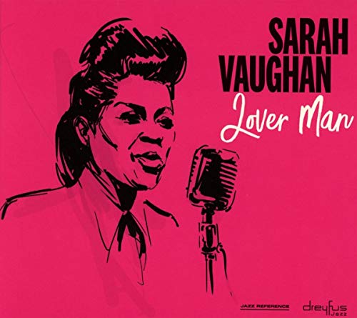 Sarah Vaughan album cover: black and white illustration on a red background.