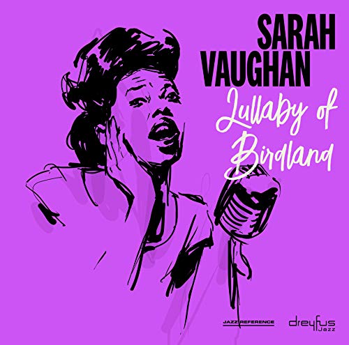 Purple album cover with black and white illustration of Sarah Vaughan singing into a microphone.