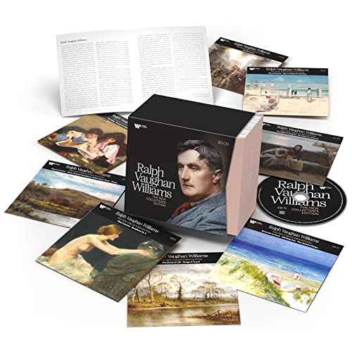 A box set of Ralph Vaughan Williams CDs surrounded by booklets and art-covered discs.