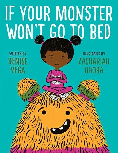 Book cover: girl sitting on a friendly, orange monster’s head.