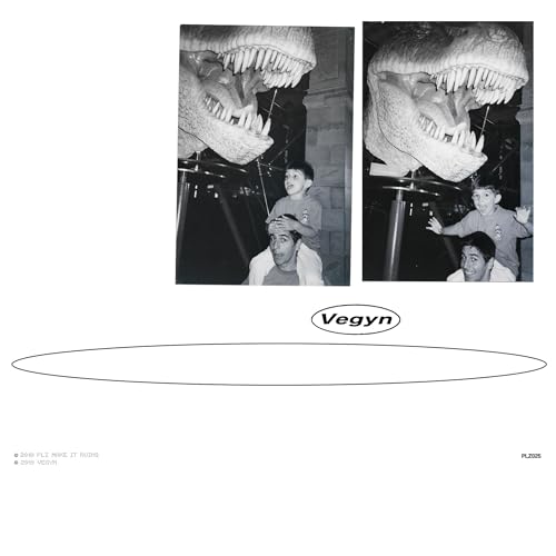 Black and white photos of people posed under a dinosaur head with Vegyn text.