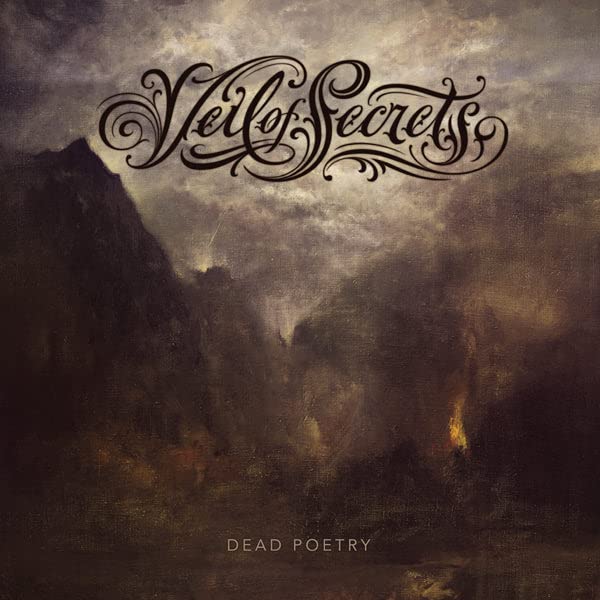 Dark, moody oil painting of a mountainous landscape with the band name and title.