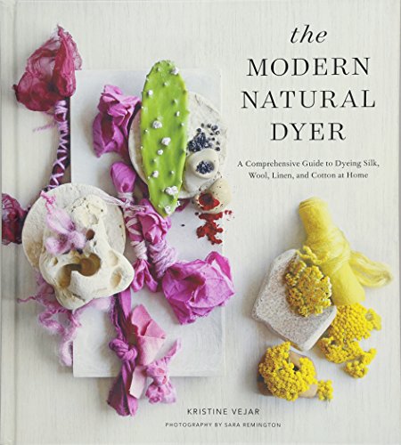 Book cover for The Modern Natural Dyer featuring pink fabrics, yellow flowers, and cactus.