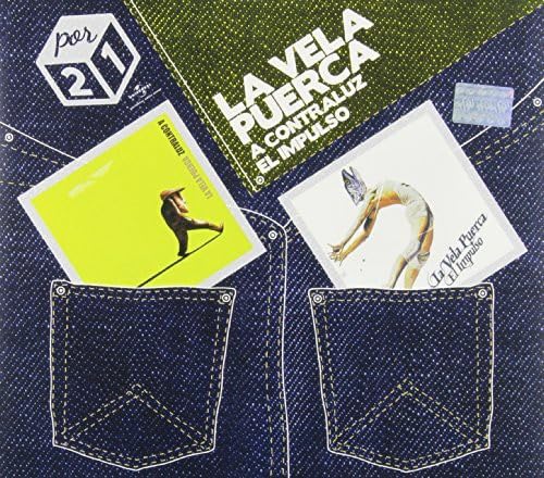 Vela Puerca" double CD case with denim background and abstract figures.