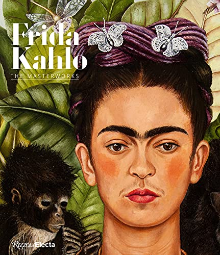 Frida Kahlo portrait with monkey and butterflies, book cover image.