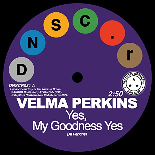 Black vinyl record label with colorful circles and white text: "Velma Perkins".