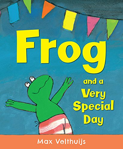 Book cover featuring a green frog with raised arm under colorful bunting.