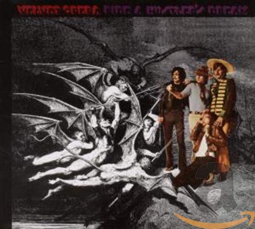 "CD cover art: dark illustration with winged demons and three men."
