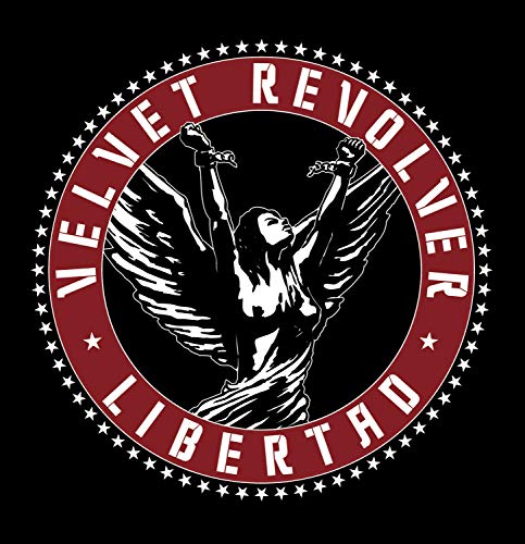 "Red circular logo with white text and a winged figure on a black background."