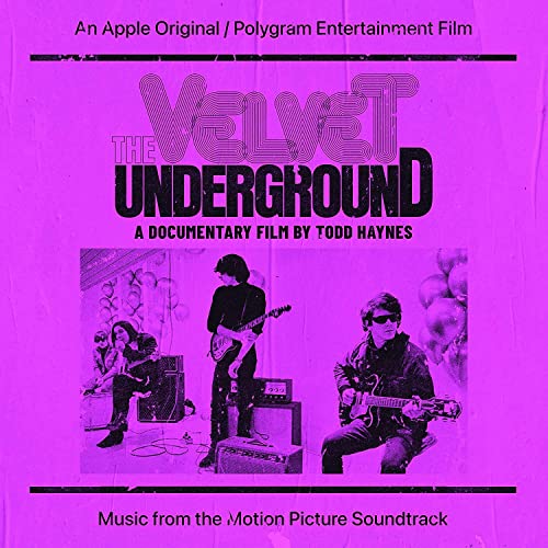 Bright purple cover art for The Velvet Underground documentary featuring band members playing instruments.