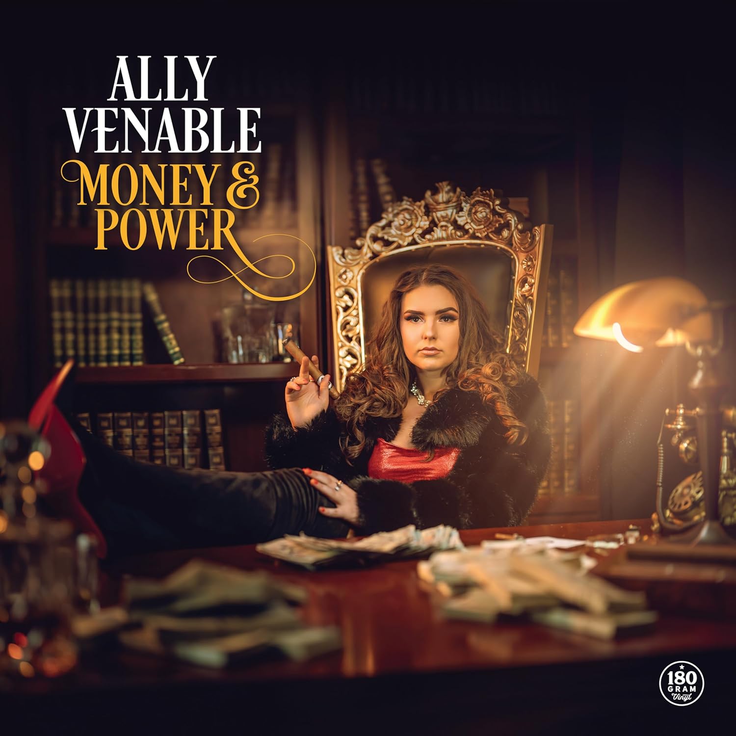 Album cover for Ally Venable’s “Money & Power” featuring a woman in red.