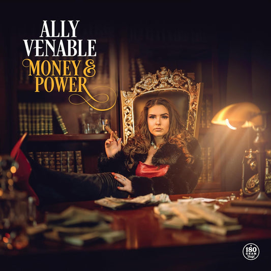 Album cover for Ally Venable’s “Money & Power” featuring a woman in red.