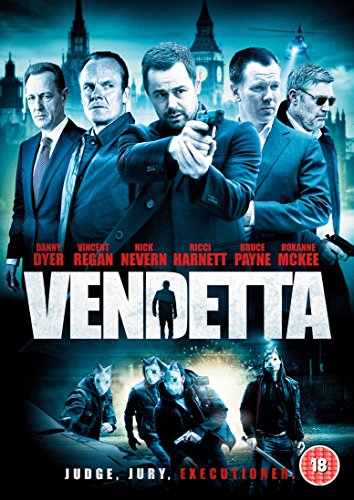 DVD cover art for Vendetta featuring men in suits and figures in animal masks.