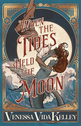 A person and a mermaid embrace before a large moon against an ocean background.