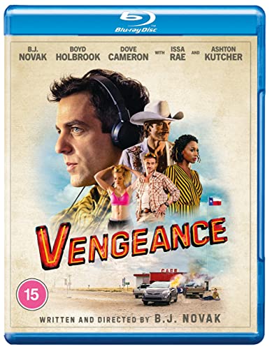 Blu-ray cover for Vengeance featuring the cast, a desert landscape, and a Texas flag.