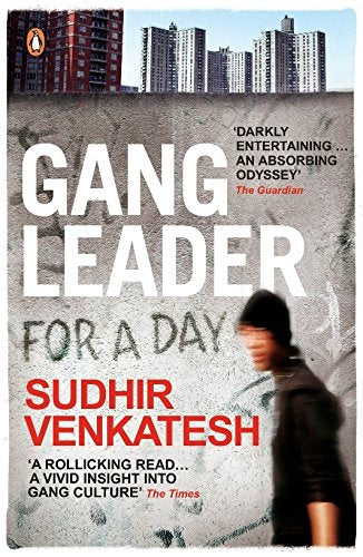 "Book cover with 'Gang Leader for a Day' title, author's name, and cityscape background."