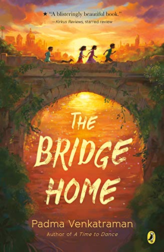 Book cover: children running on a bridge over a sunset cityscape.