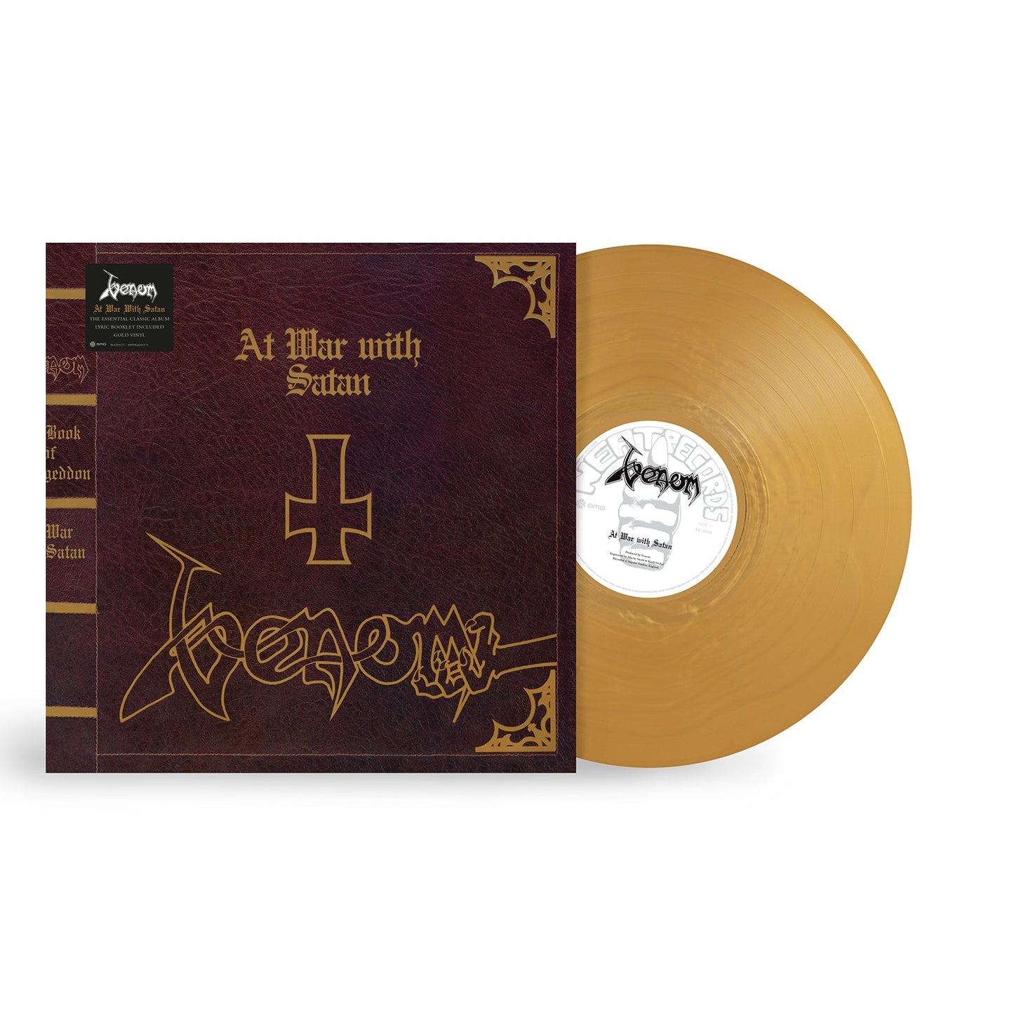 Venom At War with Satan album cover and a gold vinyl record.