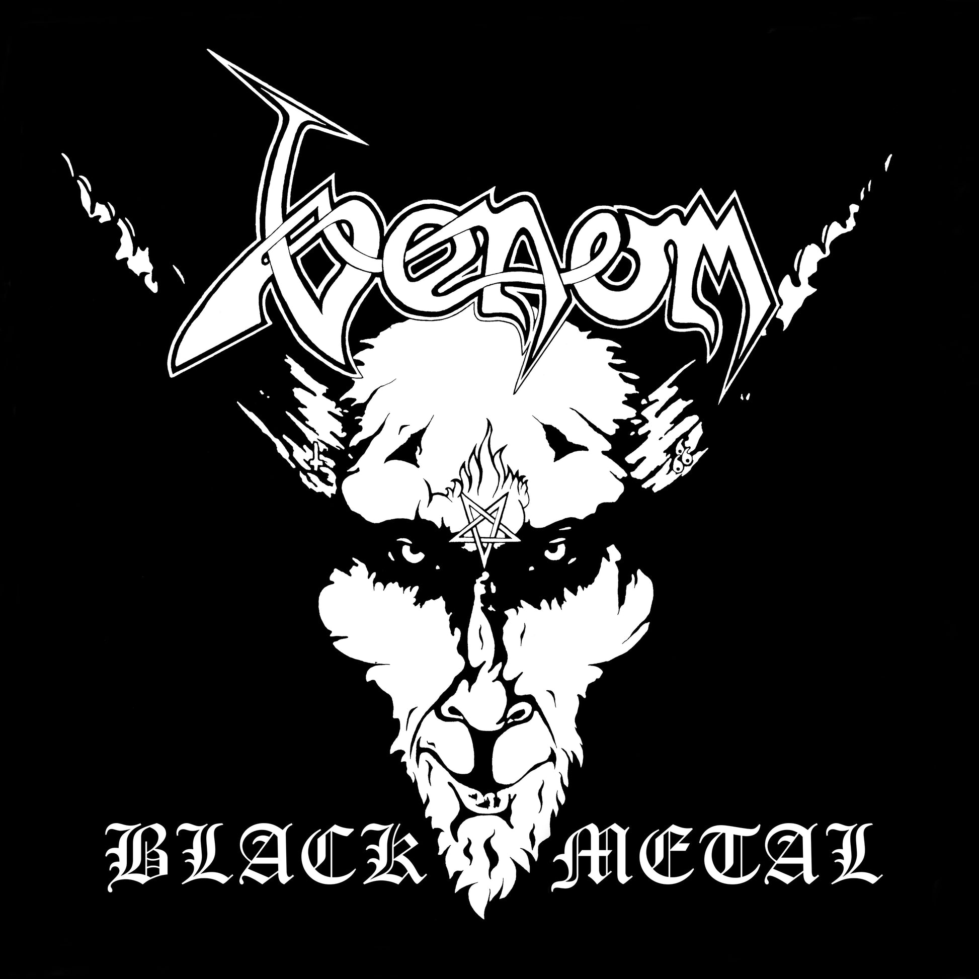 Black and white album cover for Venom's "Black Metal" featuring a horned face.