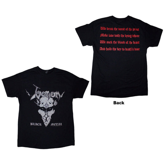 Black t-shirt with silver Venom band logo and horned goat graphic.