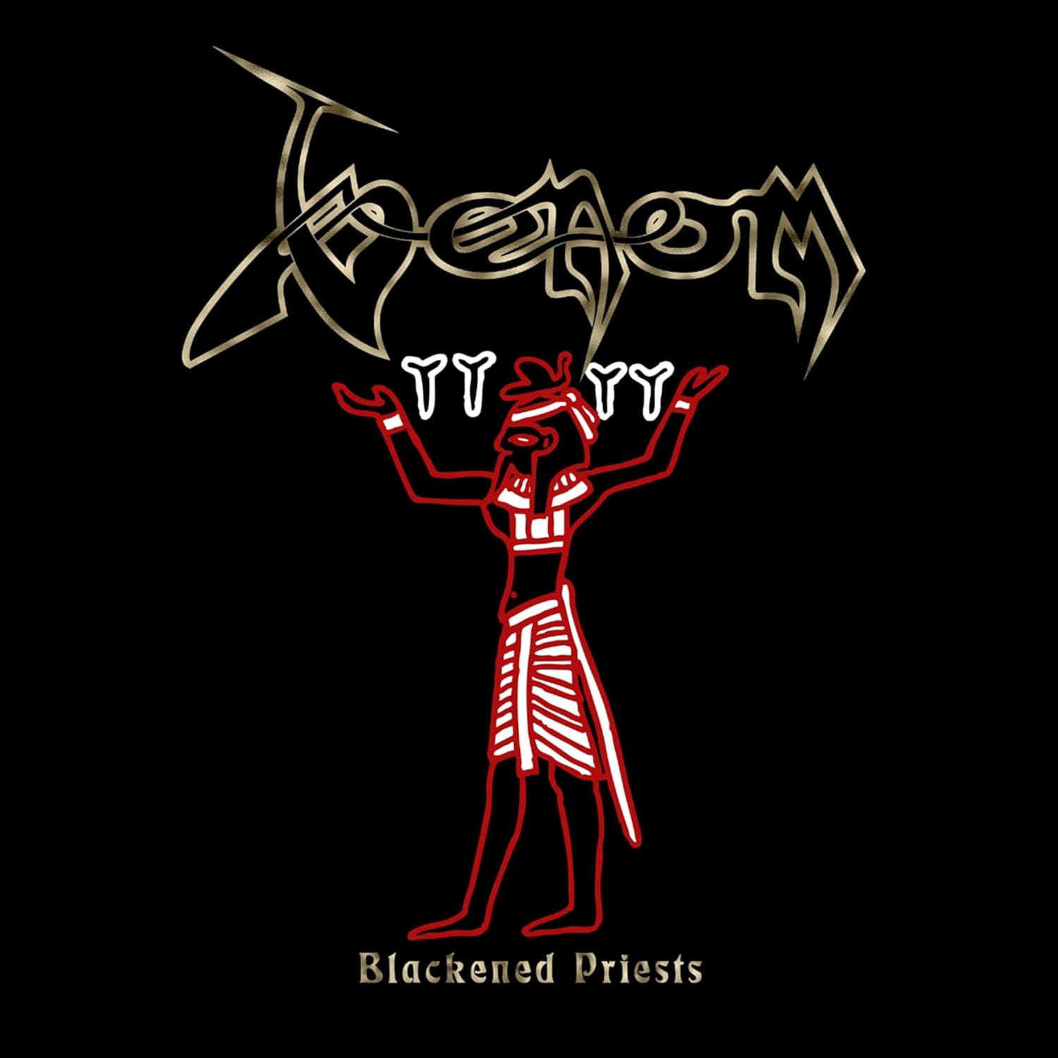 Venom logo above a red and white Egyptian-style figure on a black background.