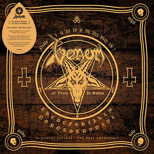 The image depicts a CD cover for the album "In Nomine Satanas - The Neat Anthology" by the band Venom. The cover features a dark brown background with a gold-colored design, including a pentagram and a goat's head. The title of the album is written in gold letters at the bottom of the cover. Alt text: Dark brown CD cover with gold pentagram, goat's head, and ornate border.