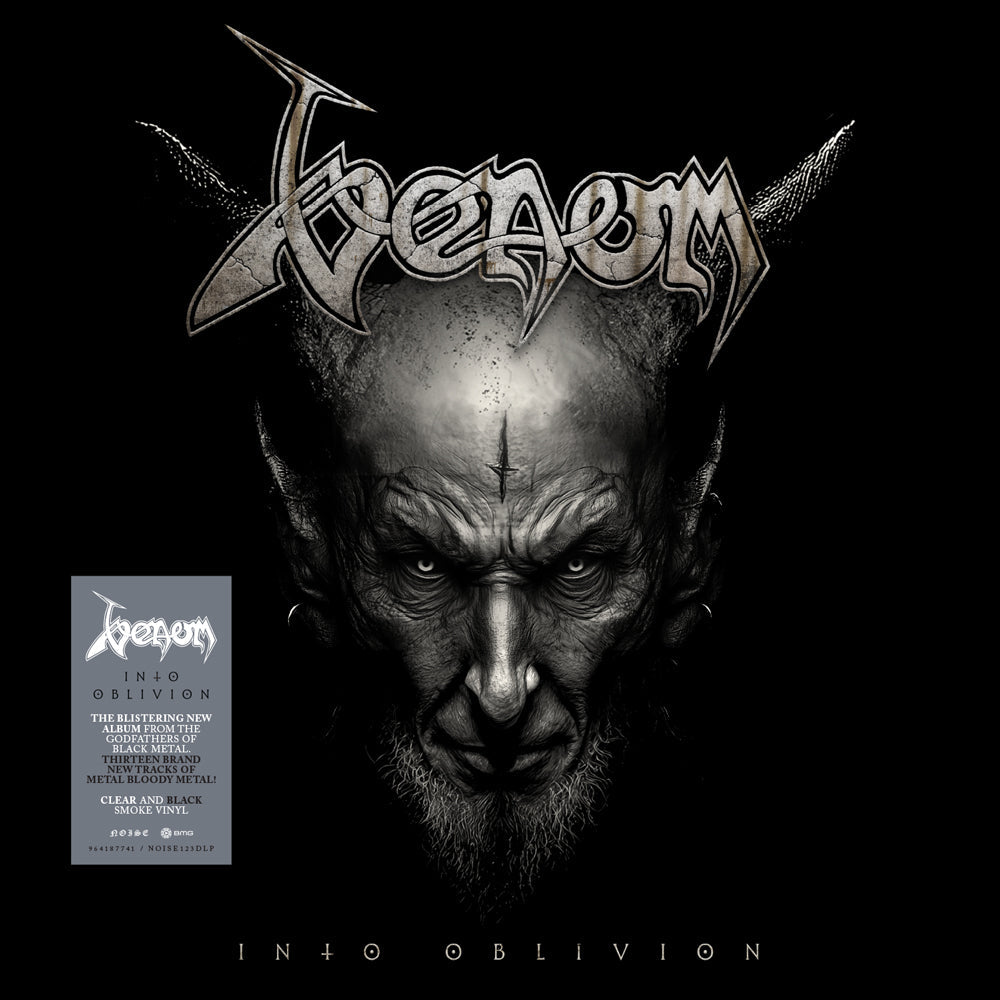 Venom Into Oblivion album cover featuring a demonic face with a sticker on black background.