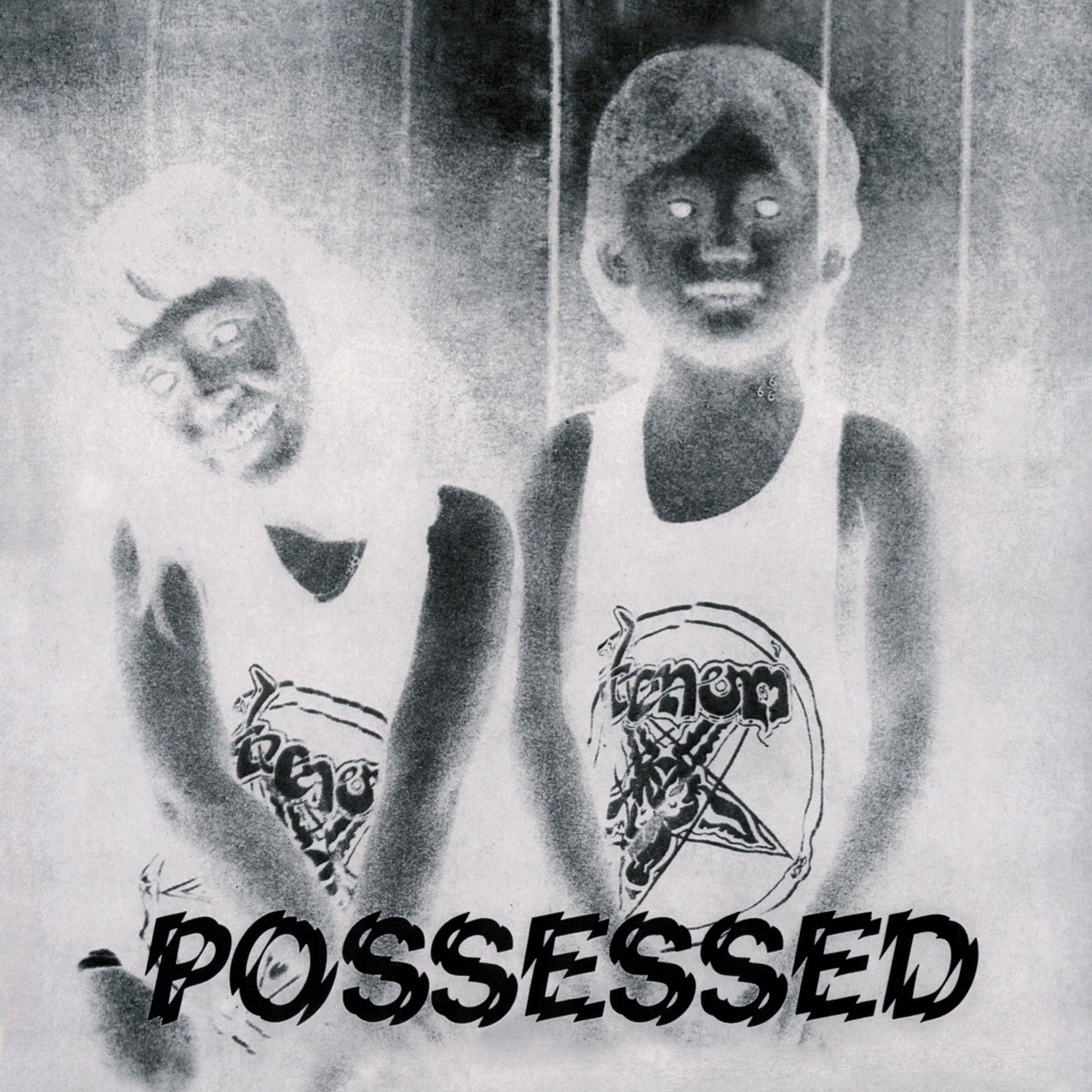 Black and white album cover for Venom’s “Possessed” featuring distorted faces.
