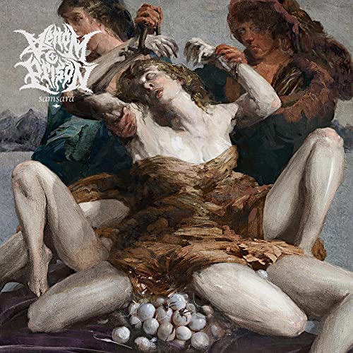Oil painting showing three figures, one reclining over a pile of eggs, with band logo.