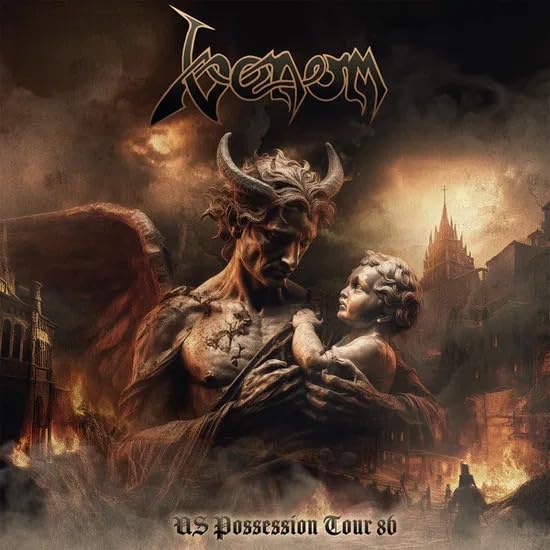 Venom album cover: demonic figure holding a child, fiery background.