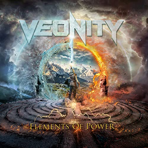 Veonity album cover: figure in a labyrinth with elemental imagery.