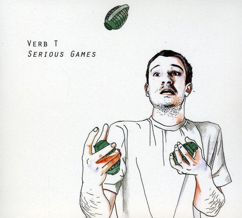 "Album cover with a man juggling CDs, titled 'Verb T - Serious Games'."