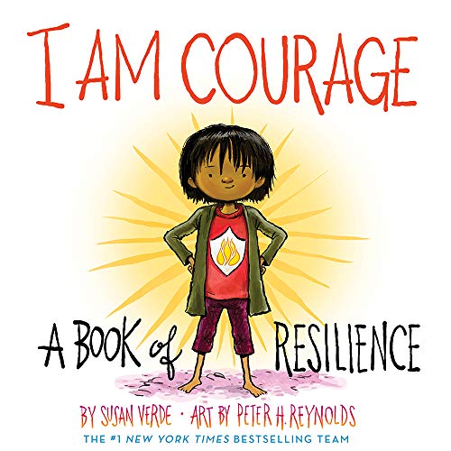 Book cover: child with glowing flame, text reads "I Am Courage.
