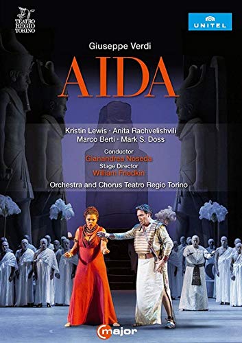 "DVD cover for Verdi's Aida, featuring a man and woman in ancient attire."