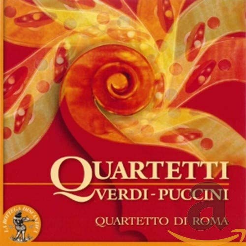 CD cover with swirling red and gold design, and text "Quartetti Verdi-Puccini".