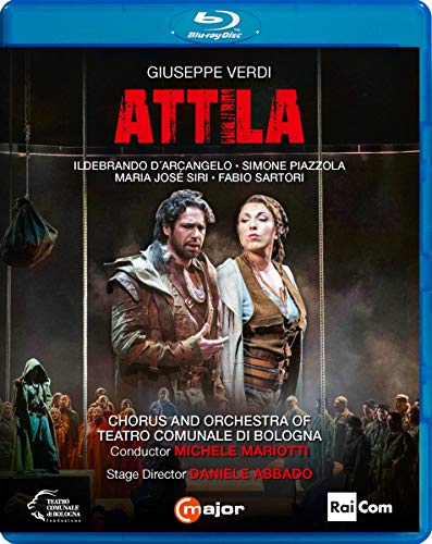 Blu-ray cover for Verdi’s opera *Attila* featuring performers in costume.