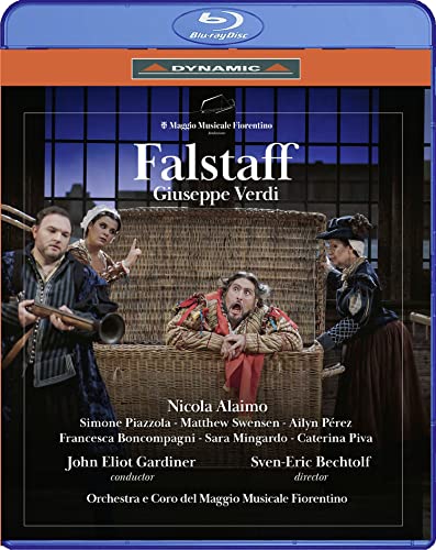 Blu-ray cover for Verdi’s *Falstaff* opera featuring performers in costume.