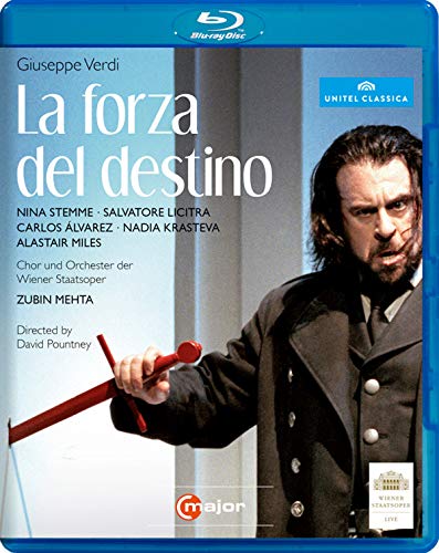 Blu-ray cover for Verdi’s *La forza del destino* opera, featuring a man with a sword.