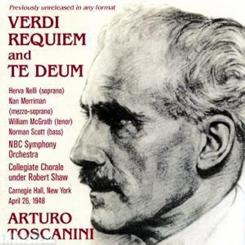 "CD cover featuring a black-and-white sketch of Arturo Toscanini with red text overlay."