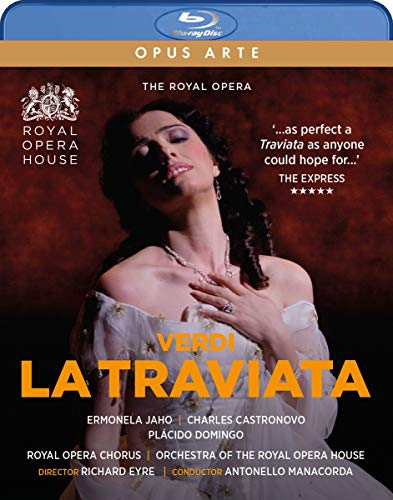 Blu-ray cover for Verdi’s *La Traviata* opera featuring a woman in a gown.