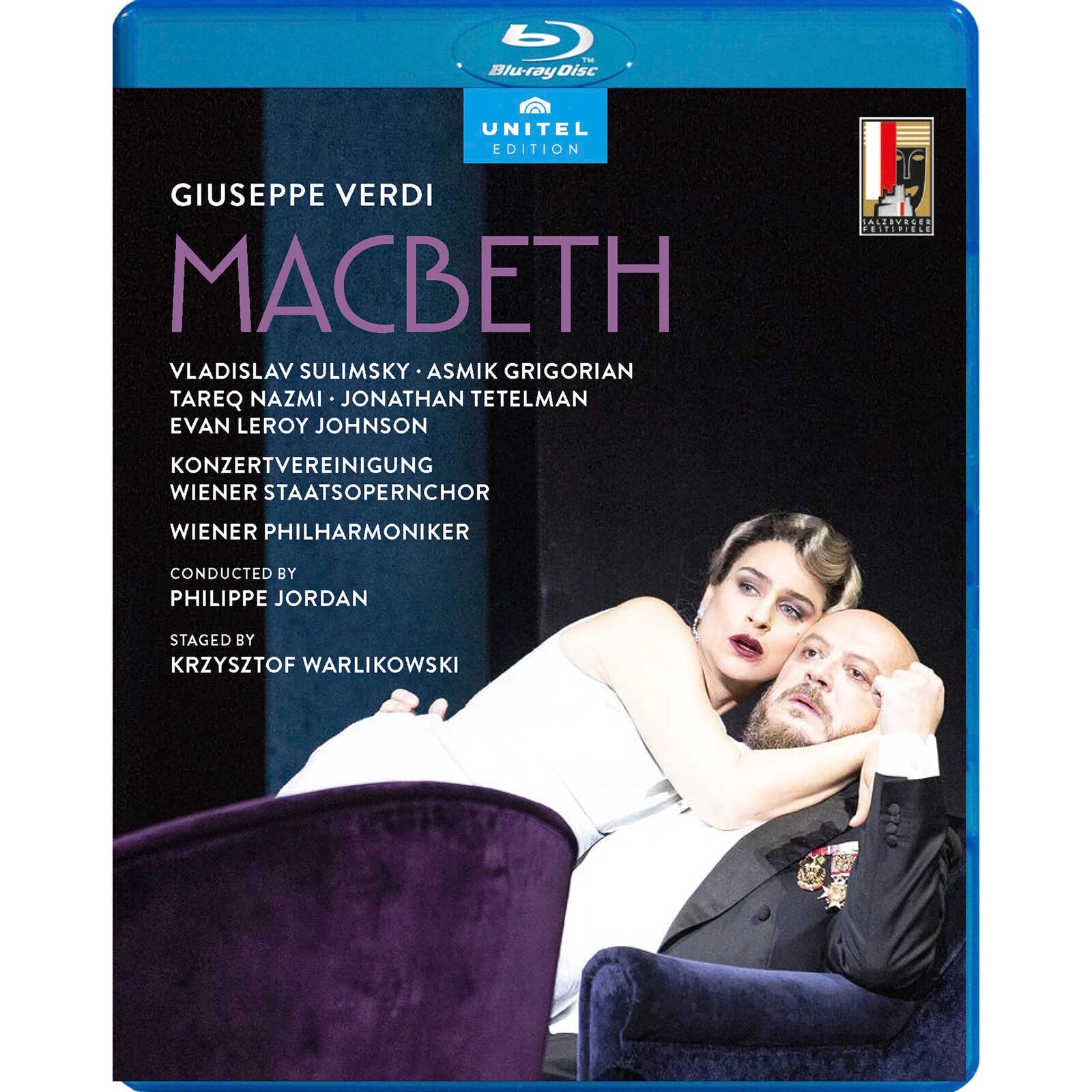 Blu-ray cover for Verdi’s Macbeth opera, featuring performers in costume.