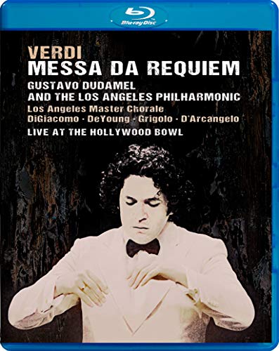 Blu-ray cover for Verdi’s *Messa da Requiem* featuring Dudamel and a conductor’s portrait.