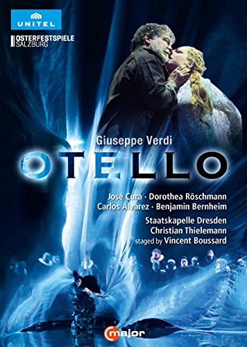 DVD cover for Verdi's "Otello" featuring a man and woman embracing, with blue background.