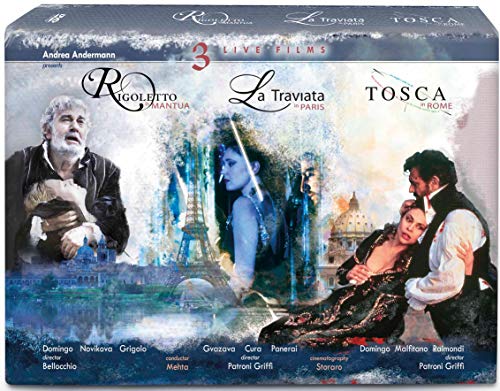 DVD cover featuring three opera scenes: Rigoletto, La Traviata, and Tosca.